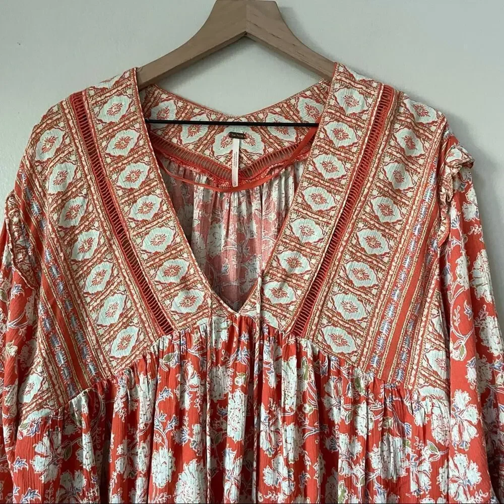 Free People Moonlight Dance Red Orange Boho Printed Tunic